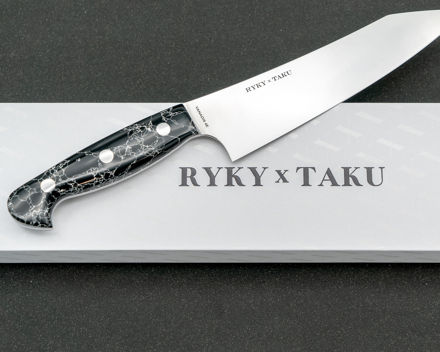 Ryky x Taku Vanadis 4E Steel 180mm Kiritsuke Gyuto with Black Turquoise Handle