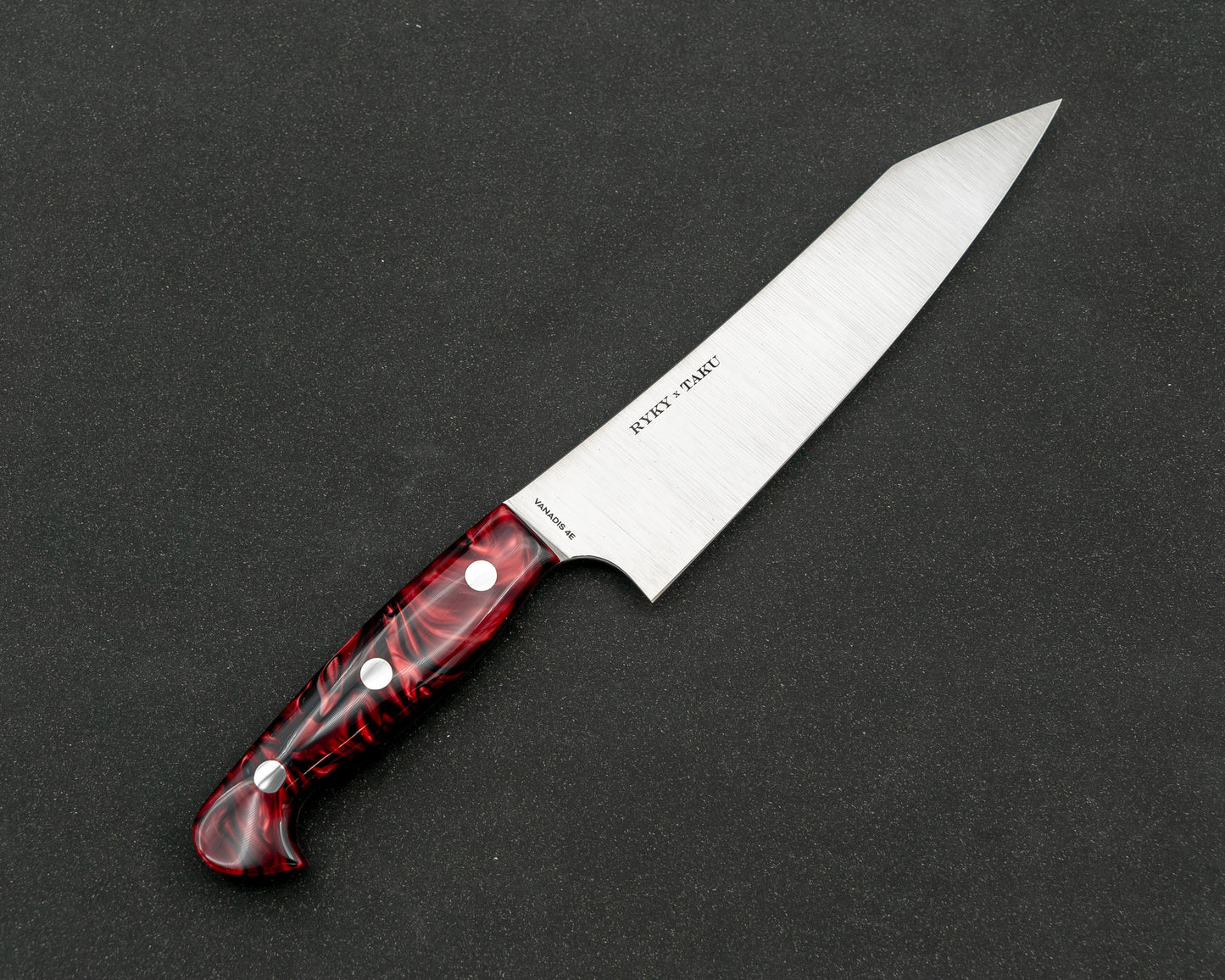 Ryky x Taku Vanadis 4E Steel 180mm Kiritsuke Gyuto with Kirinite True Blood Acrylic Handle