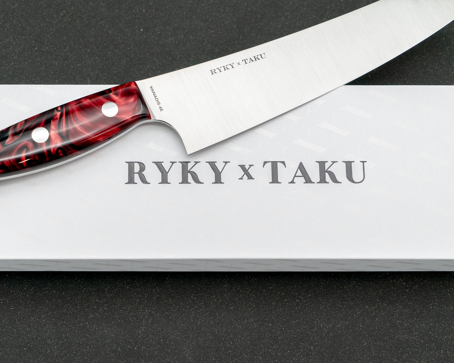 Ryky x Taku Vanadis 4E Steel 180mm Kiritsuke Gyuto with Kirinite True Blood Acrylic Handle