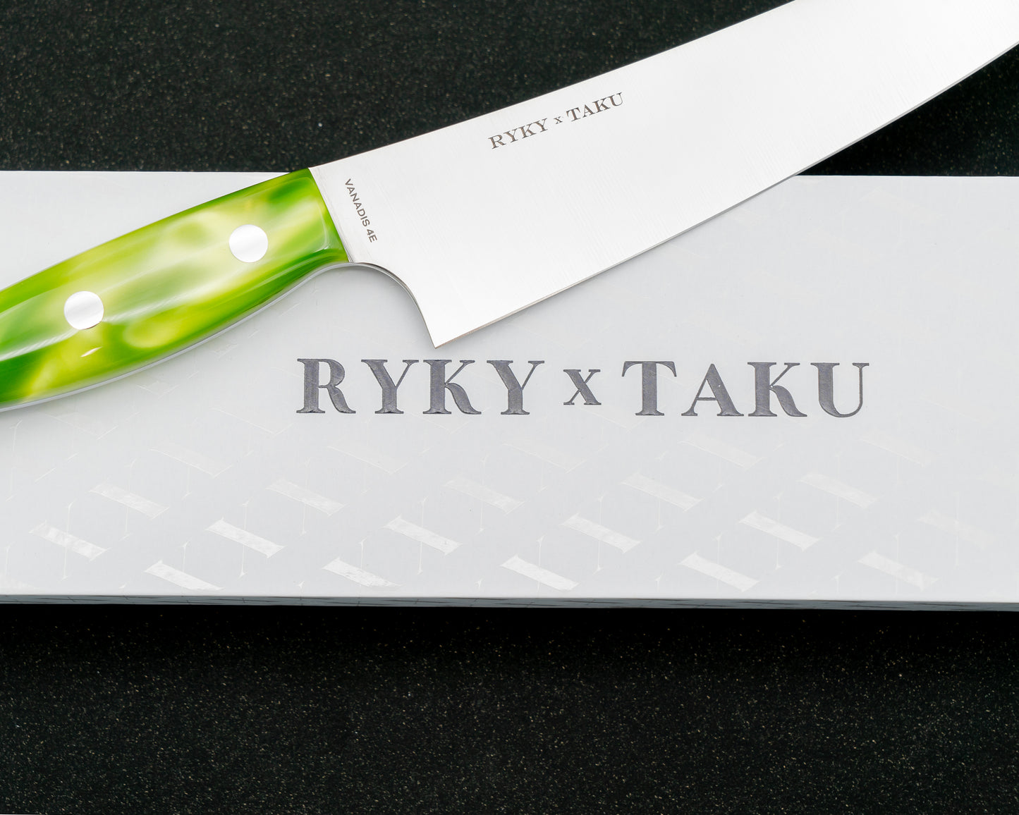 Ryky x Taku Vanadis 4E Steel 180mm Kiritsuke Gyuto with Toxic Green Acrylic Handle